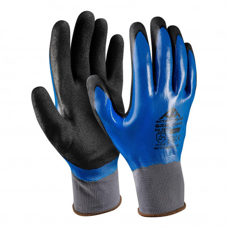 Gant GRIP tricoté polyester gris enduction nitrile bleu lisse + sablé noir