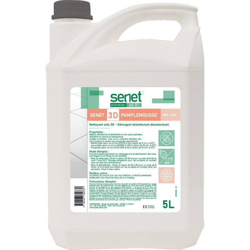 Détergent Surodorant Bactéricide SENET 3D Pamplemousse 5L