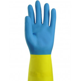 Gant de ménage bicolore bleu/jaune flocké coton